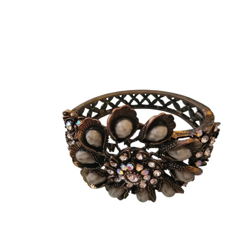 Floral Statement Cuff Bracelet - Brass & Gold Tones With Green Stones